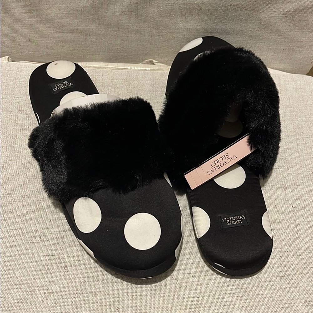 Victoria's Secret Black and White Polka Dot Slippers